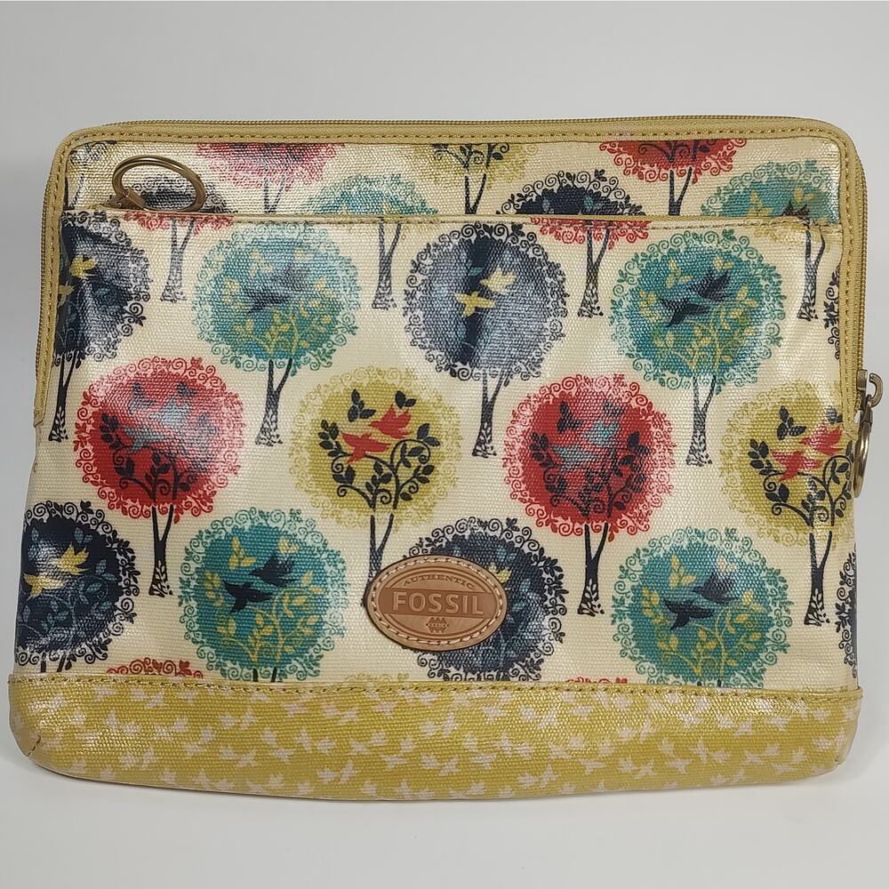 Fossil Tablet Case Bag Trees Birds Pattern PVC Coated Zippered Brass Accents